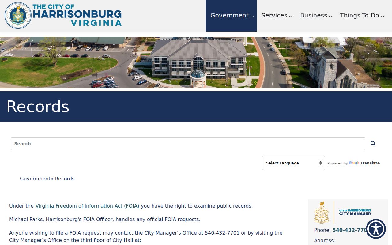 Harrisonburg warrant records city FOIA contact page