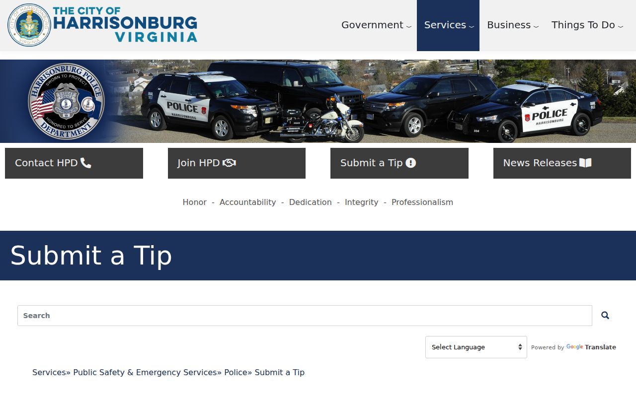 Harrisonburg warrant records and the HPD Tip411 app tip interface