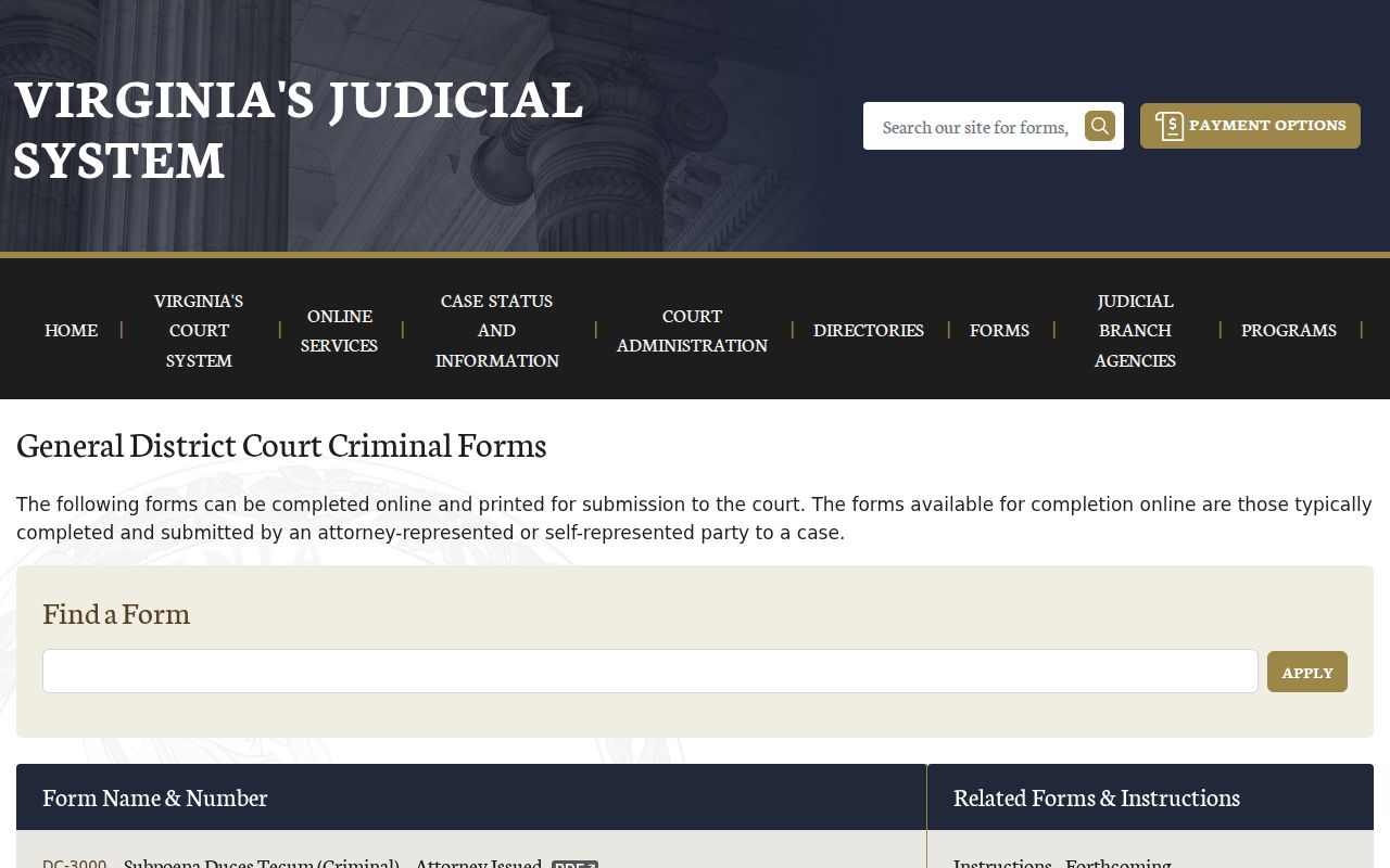 Harrisonburg City bench warrant and surety capias forms listed by Virginia courts