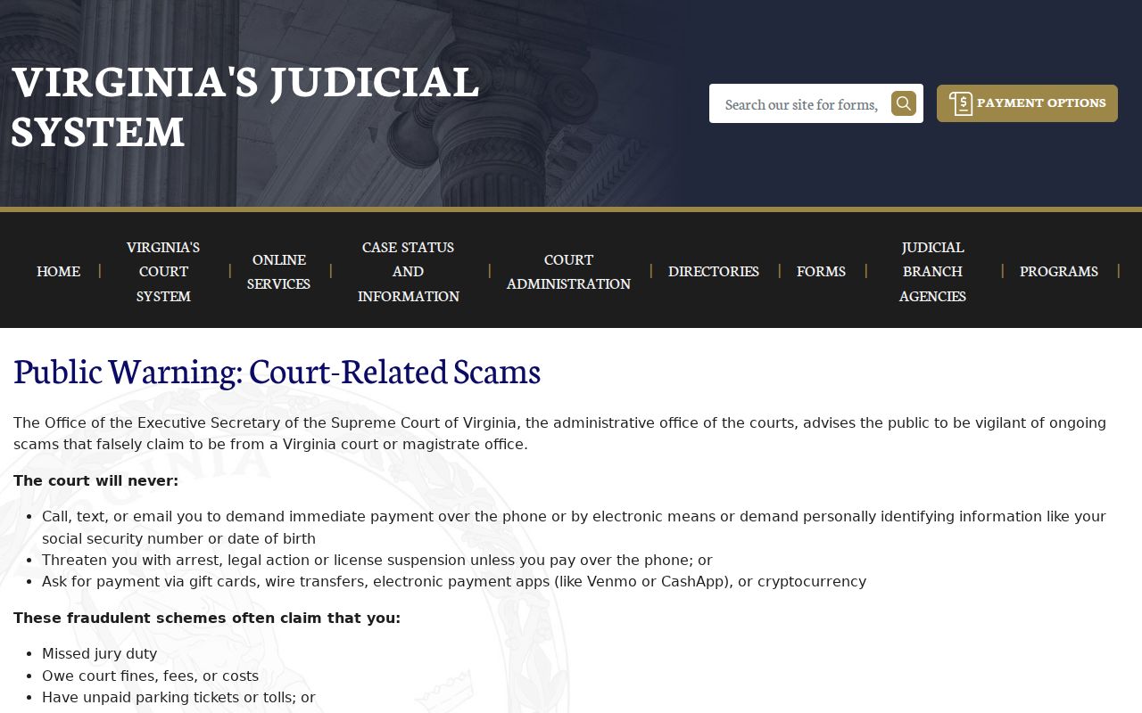 Harrisonburg City traffic warrant scam warning from the Virginia courts