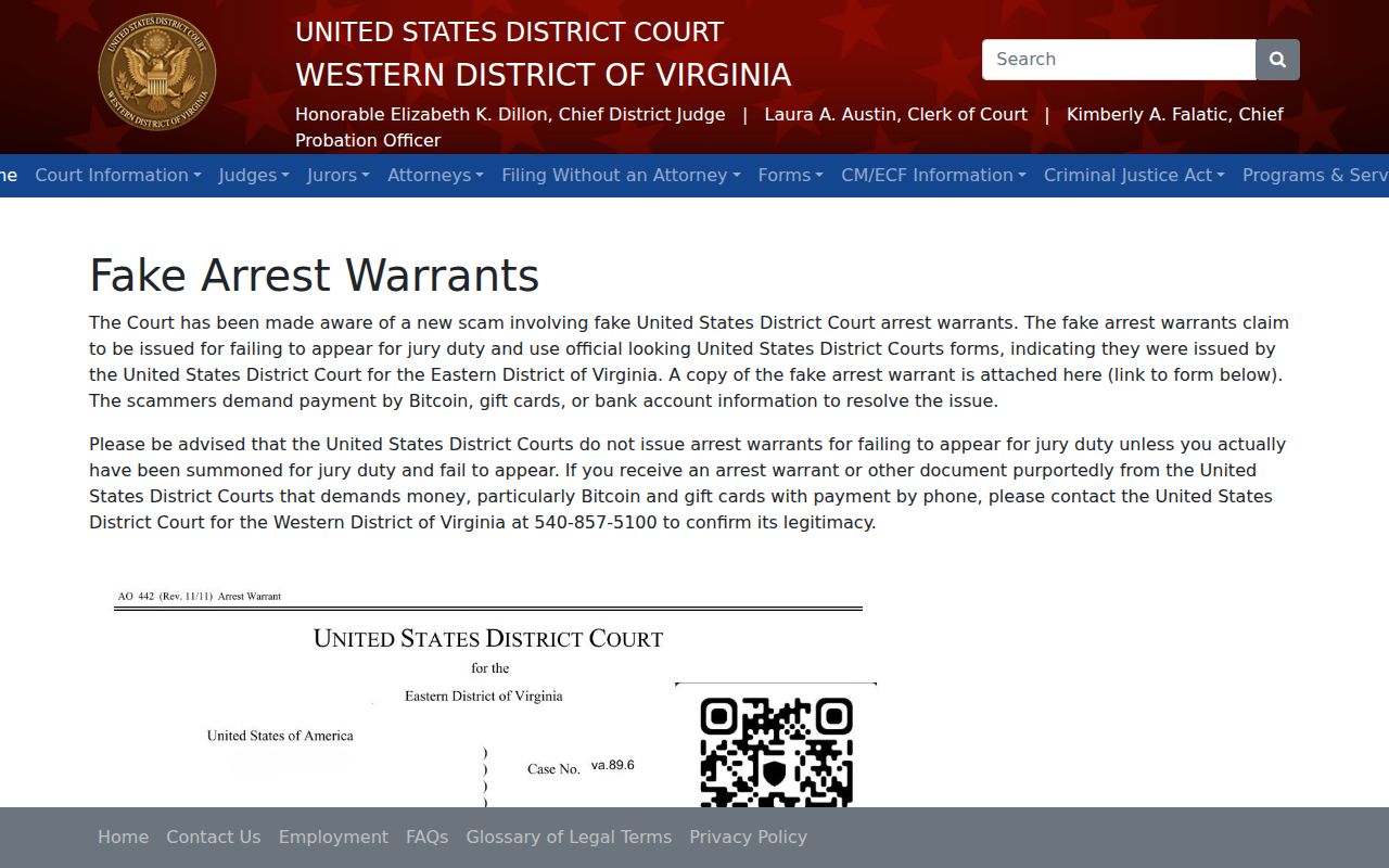 Harrisonburg City most wanted and federal fake warrant scam warning
