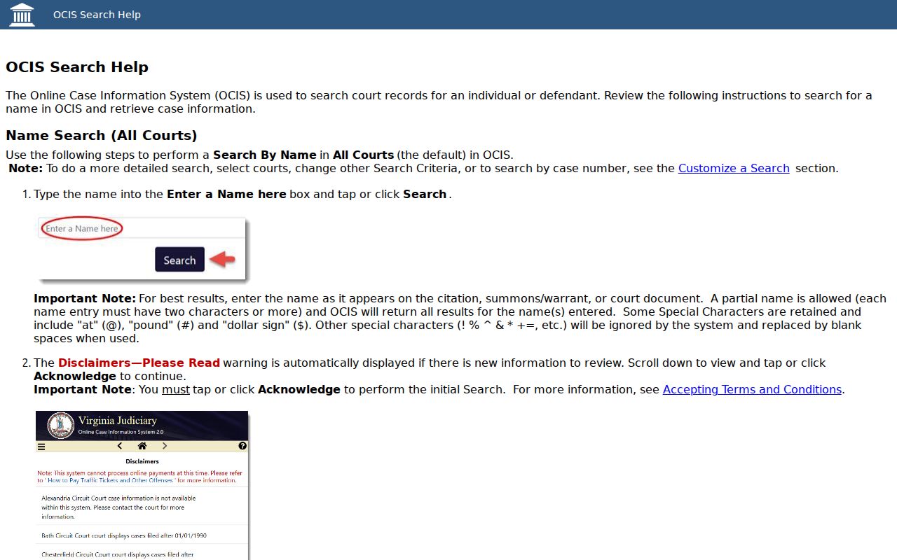 Harrisonburg City warrant lookup search fields and court filters in OCIS help