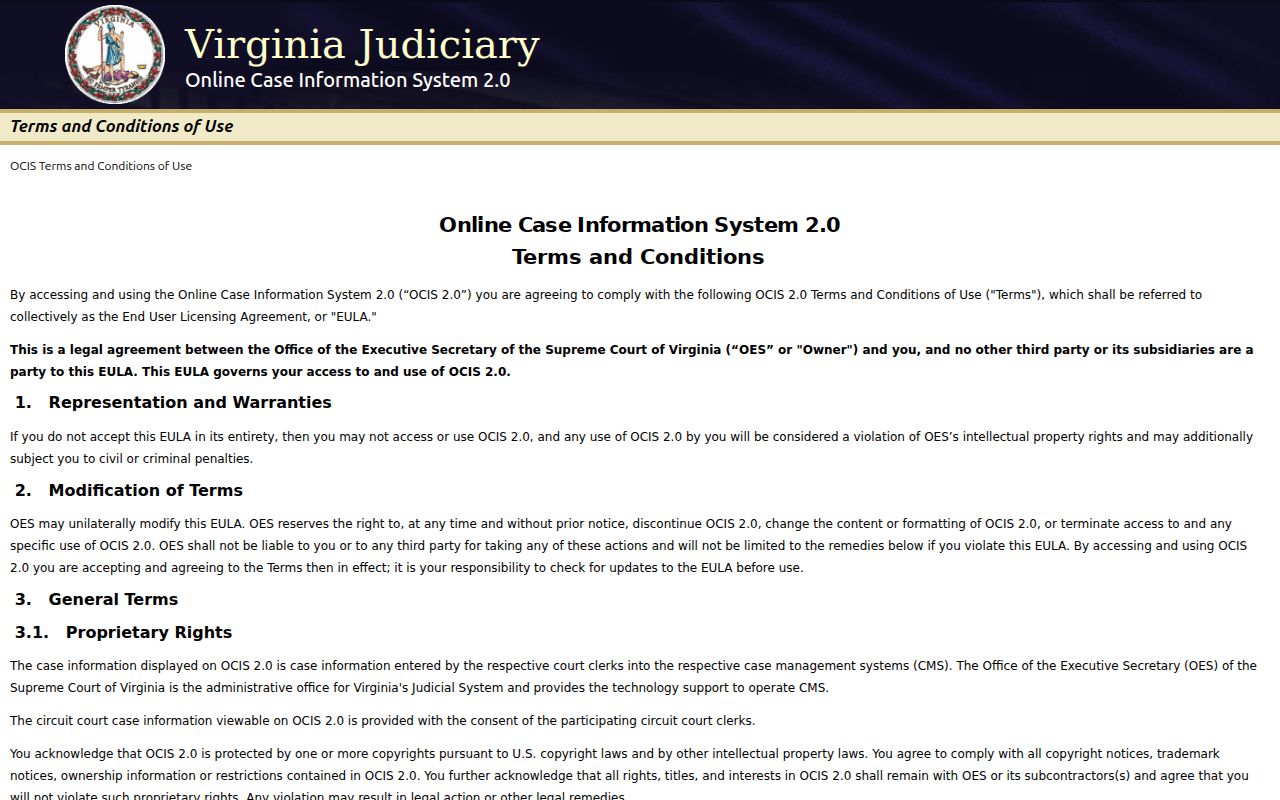 Harrisonburg City warrant lookup through the Virginia OCIS landing page